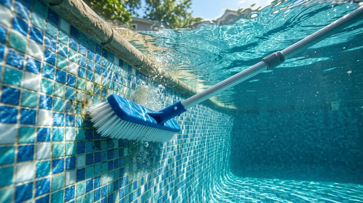 Solární sprcha s černou nádrží na stojanu vedle bazénu