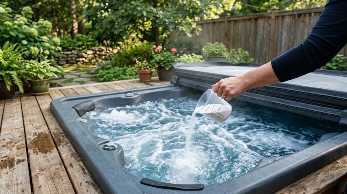 Chlorové tablety a granule vedle vířivky