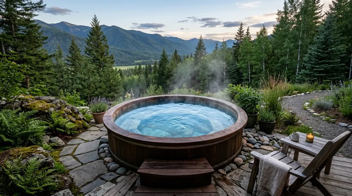 Nafukovací vířivka Marimex Pure Spa na terase se zapnutými bublinkami