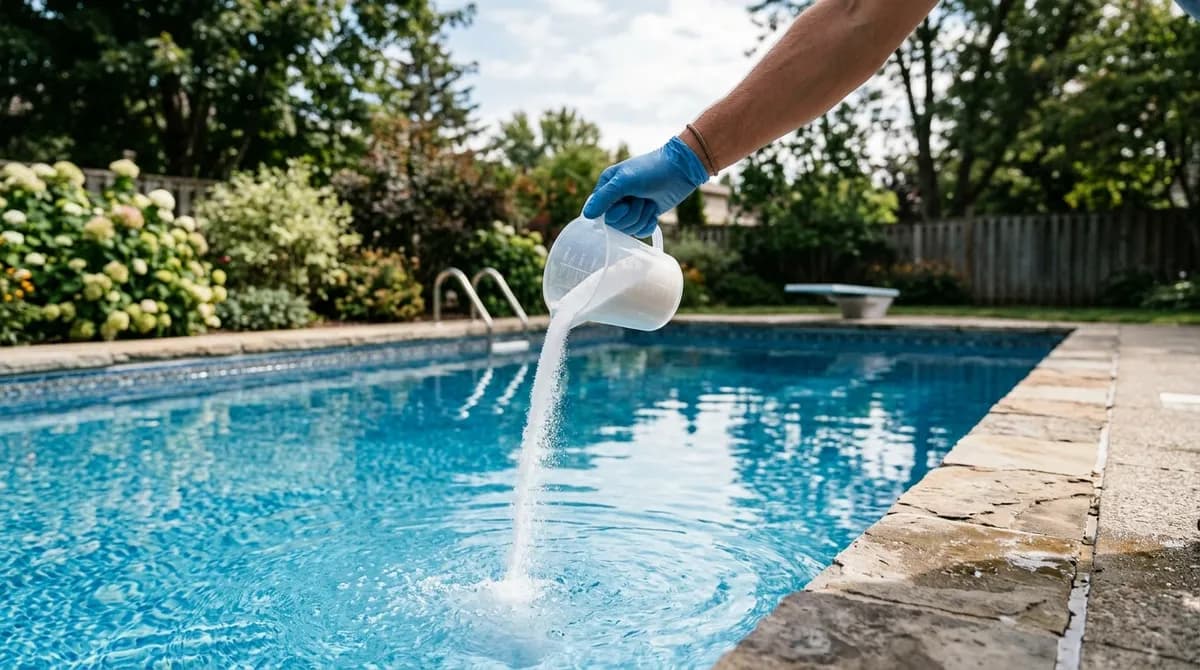 Chlorové tablety, granule a tekutý chlor vedle sebe