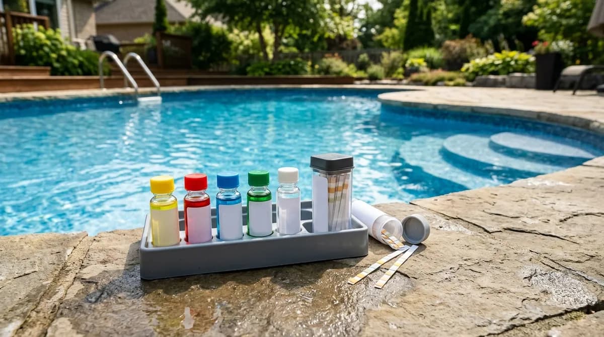 Chlorové tablety a granule vedle bazénu s dávkovací lžící